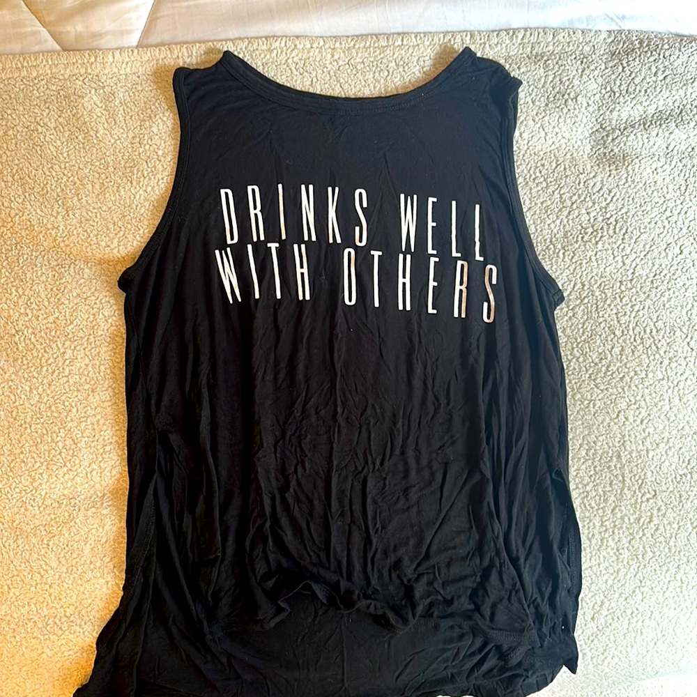 “Drinks well with others” black tank top 🍻